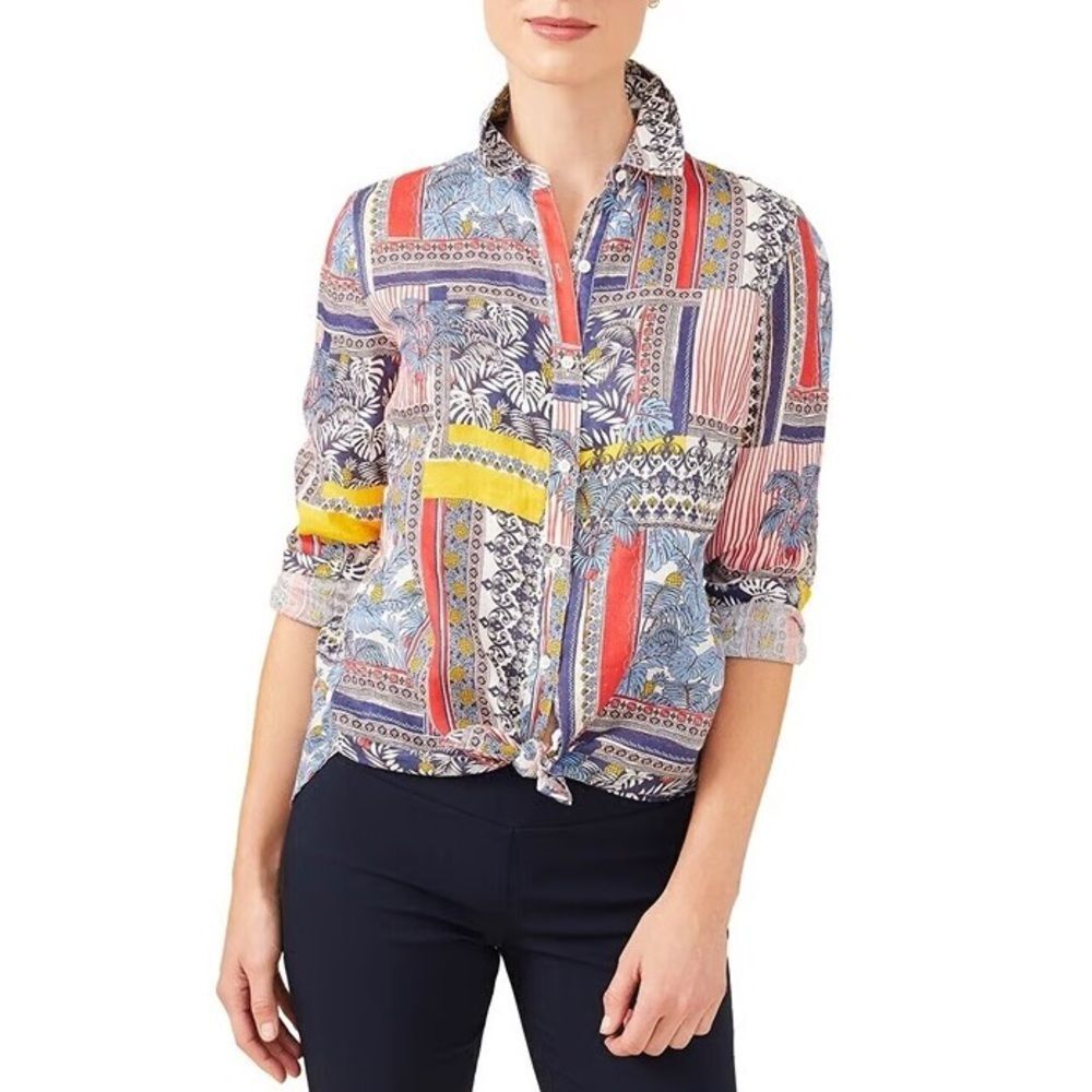J. McLaughlin Multicolored Long Sleeve Linen Button Down Blouse Size Large - Picture 1 of 7